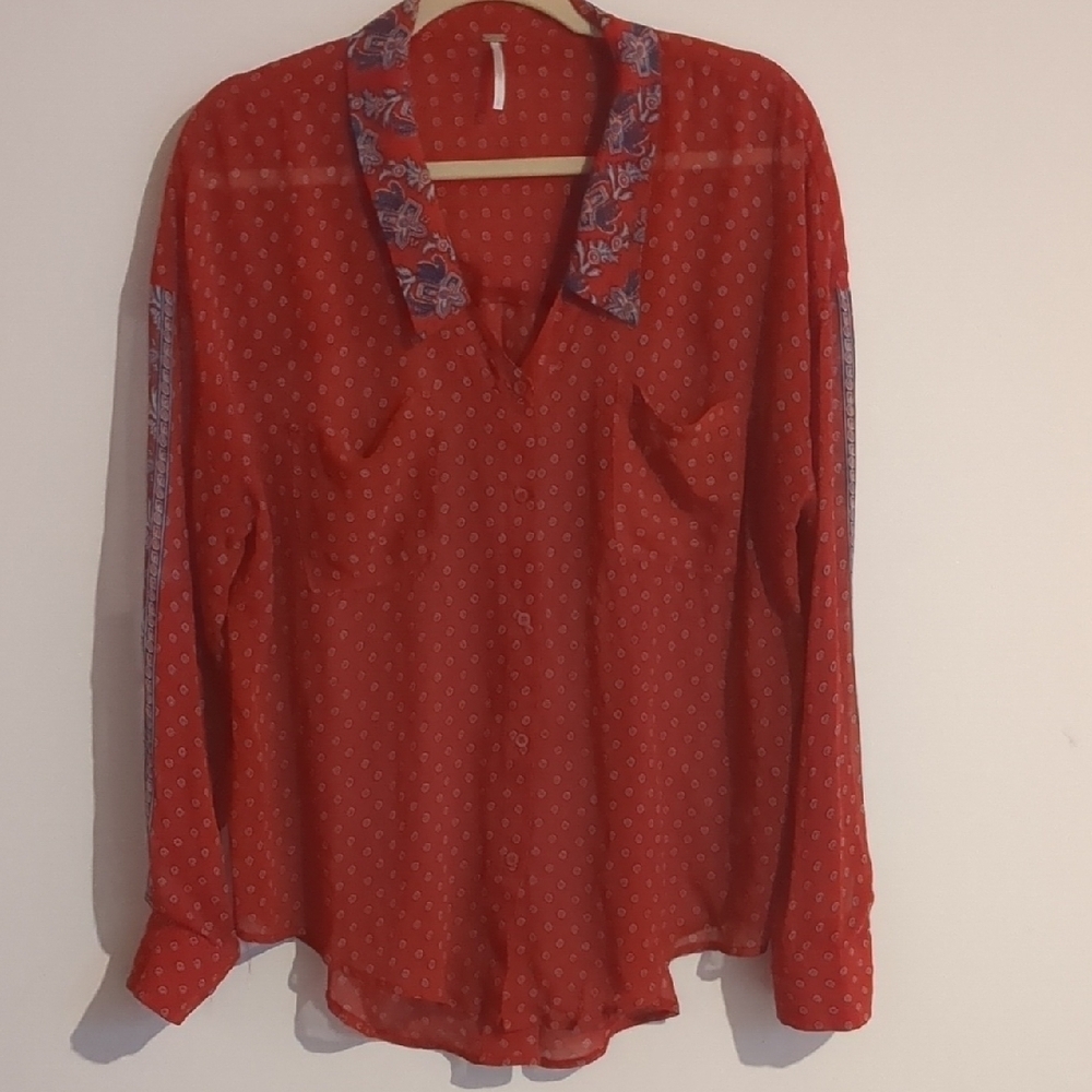Red Sheer Blouse with Patterned Collar